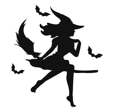 Black silhouette of a beautiful glamour witch flying on a broomstick