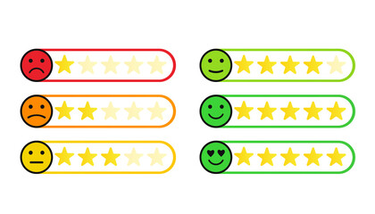 Feedback scale with star line icon. Customer mood from happy pretty face to angry and sad concept. Feedback emoticon. Customer satisfaction survey. Vector illustration