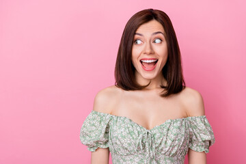 Close up photo of astonished gorgeous adorable cheerful lady look empty space shopping isolated on pink color background