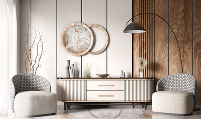 Interior of modern living room with beige sideboard over wooden paneling wall. Contemporary room with console table and armchairs. Home design. 3d rendering