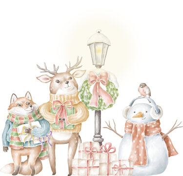 Winter animals characters with gift boxes