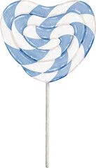 Blue heart shaped lollipop candy. Realistic art. Hand draw painted watercolor illustration.