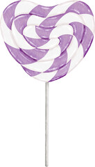 Purple heart shaped lollipop candy. Realistic art. Hand draw painted watercolor illustration.