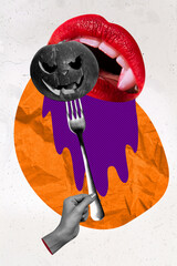 Creative abstract collage of hand hold fork halloween pumpkin head carved face dracula vampire want eat sharp fangs halloween concept