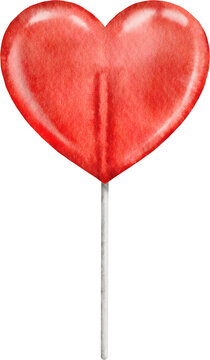 Red heart shaped lollipop. Realistic art. Hand draw painted watercolor illustration.