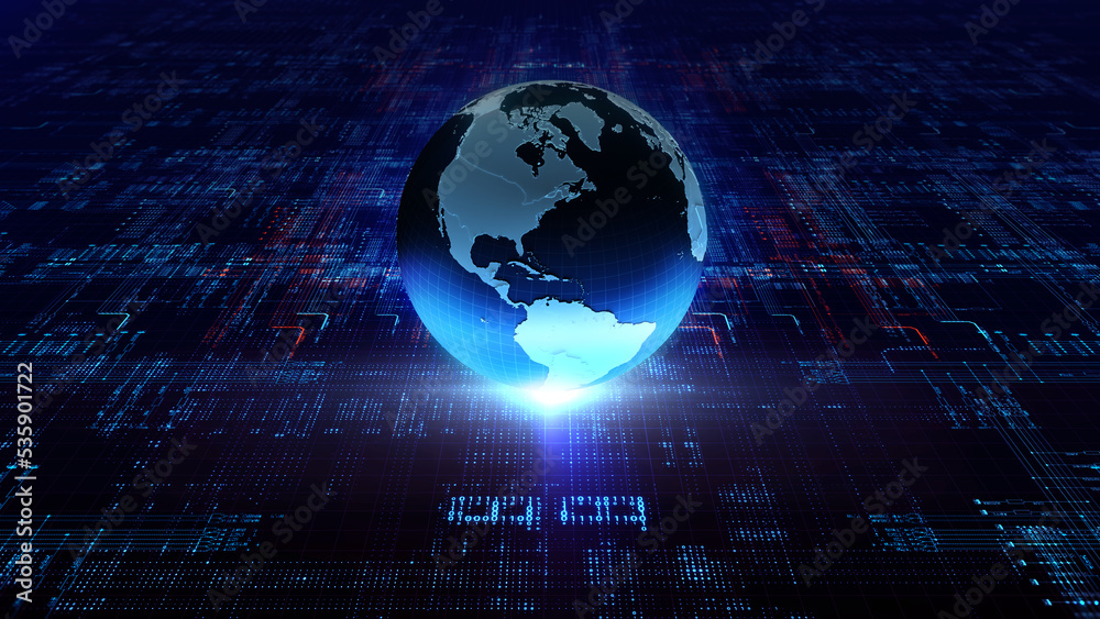 Poster Virtual model of digital earth communications/ The holographic virtual model the planet Earth, on a abstract technological background made of different element printed circuit board. 3d rendering