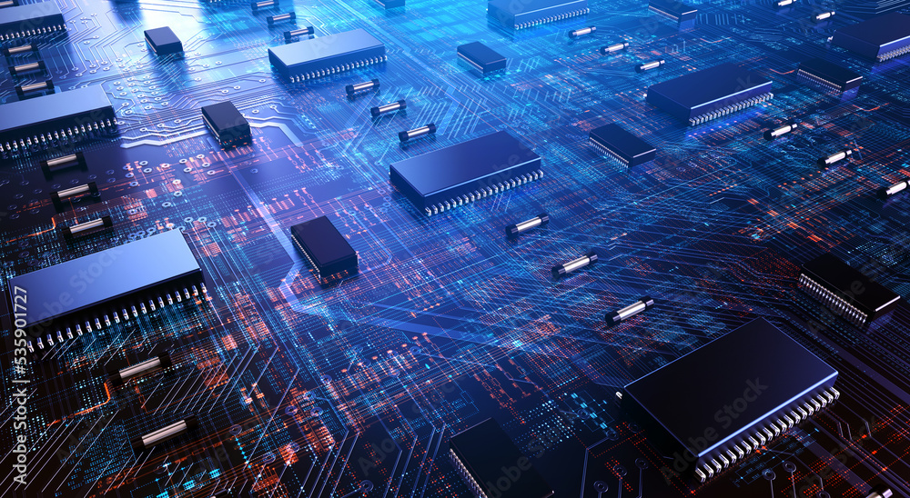 Poster High Technology CPU on a Complex Circuit Microchip Board Surface. Digital close-up of a high-tech microchip and electronic circuits, symbolizing innovation and modern technology. 3d rendering