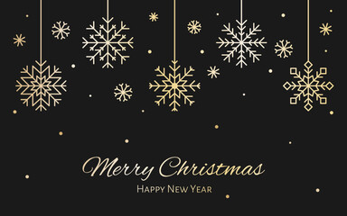 Christmas greeting card luxury gold snowflake black flat. Thin line editable festive new year holiday dark background metallic effect invitation postcard screensaver seasonal certificate web banner