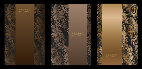 Elegant cover set with peacock feathers. Vector pattern, brown tones on grey background, with vertical stripe. Luxury brochure or background.