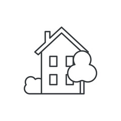 A simple icon of a two-storey house with a tree and a bush. A linear image of a house with four windows and a sloping roof. Isolated vector on a white background.