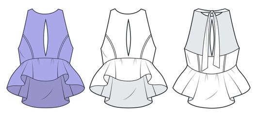 Naklejka premium Ruffle Top technical fashion illustration, fashion design. Women's Blouse, Tie Top fashion flat drawing template, ruffled, cutout, front and back view, white and purple colour, CAD mockup set.