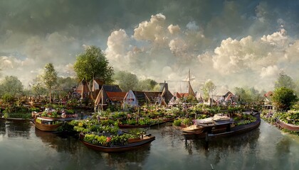The natural landscape of the village with canals and flowers. Cartoon style. Advertising for books, illustrations and cartoons.