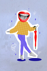 Creative abstract template graphics image of happy smiling lady open mouth instead of head holding parasol isolated drawing background © deagreez