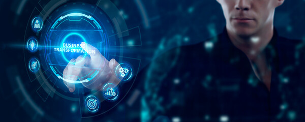 Business, technology, internet and network concept. Virtual screen of the future and sees the inscription: Business transformation