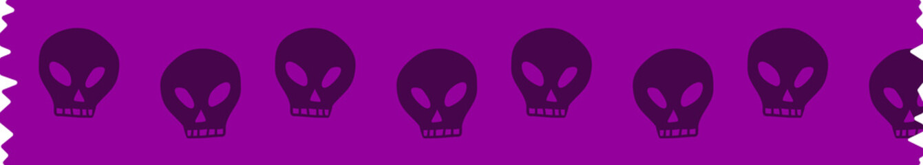 Halloween paper washi tape piece decorated by spooky pictures. Bat, scull, witch, witchcraft, cauldron, rat