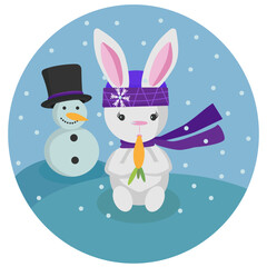 The rabbit eats a carrot next to the snowman. Postcard, festive, decoration, sticker 