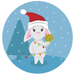 New Year's rabbit 2023 in a garland holds a lollipop