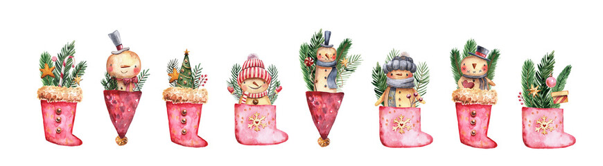 Watercolor set of cute cartoon style snowman. Childish hand drawn illustration