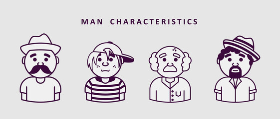 set icons men in cartoon, vector, man features