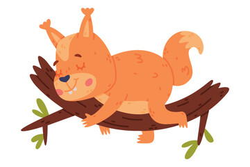 Funny Squirrel Character with Bushy Tail Sleeping on Tree Branch Vector Illustration