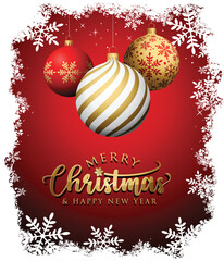 Christmas balls on Red background - Greeting card  - Merry Christmas - Vector illustration