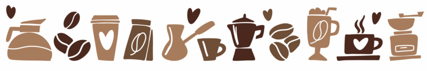 Horizontal pattern of coffee and coffee drink hand-drawn doodles in Scandinavian style