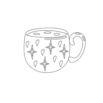 Mug for hot drinks simple outline vector illustration, coffee or tea cup doodle style line art image for menu, poster, card, winter decor