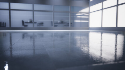 empty office space with large window, glass walls and  background at sunrise with open clean room to work. 3D Rendering 