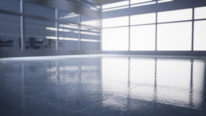 empty office space with large window, glass walls and  background at sunrise with open clean room to work. 3D Rendering 
