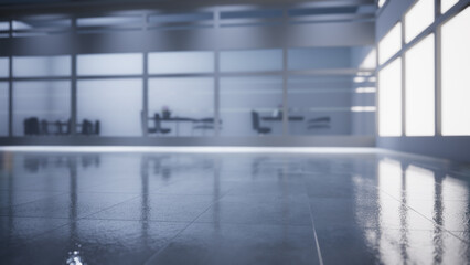 Obraz premium empty office space with large window, glass walls and background at sunrise with open clean room to work. 3D Rendering 