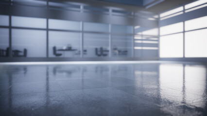 Plakat empty office space with large window, glass walls and background at sunrise with open clean room to work. 3D Rendering 