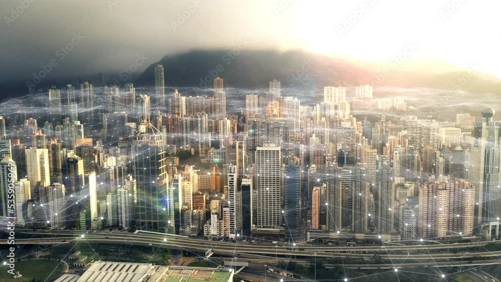 Poster Aerial smart city, grid connection and data evolution of futuristic networking, cloud computing and global communication. Digital web, future technology abstract and cityscape overlay in cyber design