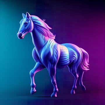 Fototapeta Abstract realistic illustration of a majestic horse with a flowing mane in neon purple and blue