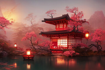 Fantasy Japanese landscape spa. Japanese hot springs, ancient architecture. 