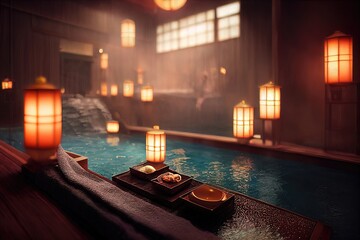 Fantasy Japanese landscape spa. Japanese hot springs, ancient architecture.