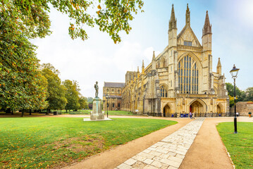 Winchester, England; October 4, 2022 - An exterior view of the Cathedral in Winchester, England. - obrazy, fototapety, plakaty