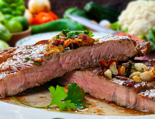 sliced grilled steak served , Picanha