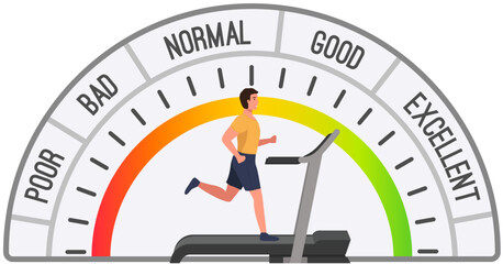 Man running on treadmill doing exercise. Active male on running track with speedometer scale. Sporty guy training at home. Workout at gym cardio fitness coaching equipment with load measurement