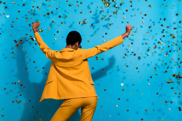 Rear behind photo of happy carefree person chilling clubbing free time isolated on blue color background