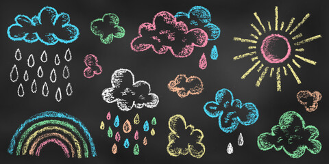 Set of Design Elements Rainbow, Sun, Clouds, Drops of Different Colors Isolated on Chalkboard Backdrop. Realistic Chalk Drawn Sketch of Sky Symbols. - obrazy, fototapety, plakaty