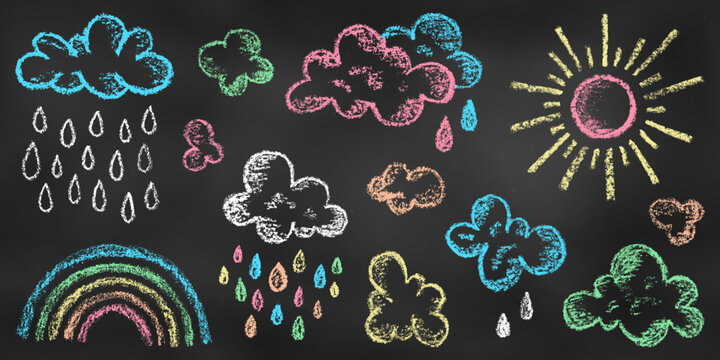 Set of Design Elements Rainbow, Sun, Clouds, Drops of Different Colors Isolated on Chalkboard Backdrop. Realistic Chalk Drawn Sketch of Sky Symbols.