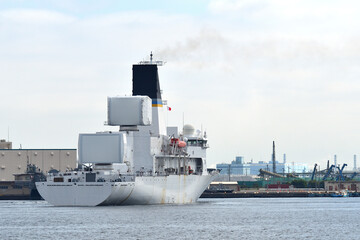 United States Navy Missile Range Instrumentation Ship leaving port. © zapper