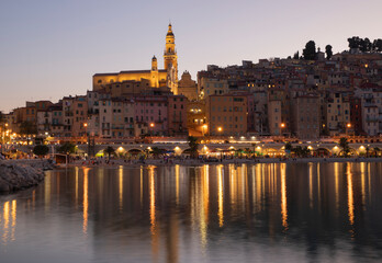 Evening landscape and view of the old town of Menton France