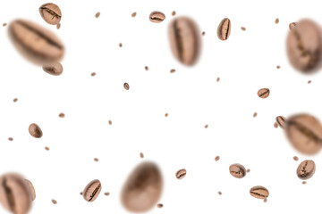 Coffee beans flying background. Black espresso grain falling on white. Rustic coffee bean fall isolated. Represent breakfast, energy, freshness or great aroma concept.