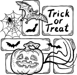 Halloween theme elements collection. Decorative template for poster print, greeting postcard, party invitation. Hand drawn comic style illustration. Cute and scary cartoon vector characters.