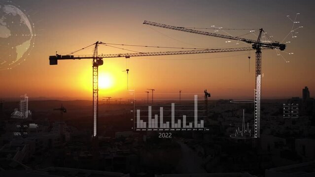 Construction site with cranes and data graphics 
Drone view with graphic charts elements, real state cocpet animation, animated graphics. Virtual reality concept 

