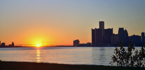 city skyline at sunset, Detroit
