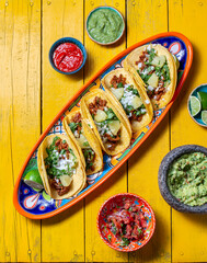 Mexican background with tacos al pastor and mexican sauces. Yellow wooden background, copy space,...