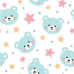 Seamless pattern with cute bear. Childish texture with bears and stars. Vector illustration isolated on white background.