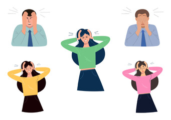 Set of vector colored sketches of dejected people. A young woman in depression panics, cries, yearns. Unhappy man in a bad mood covers his face with his hands. Vector of human emotions. Flat style